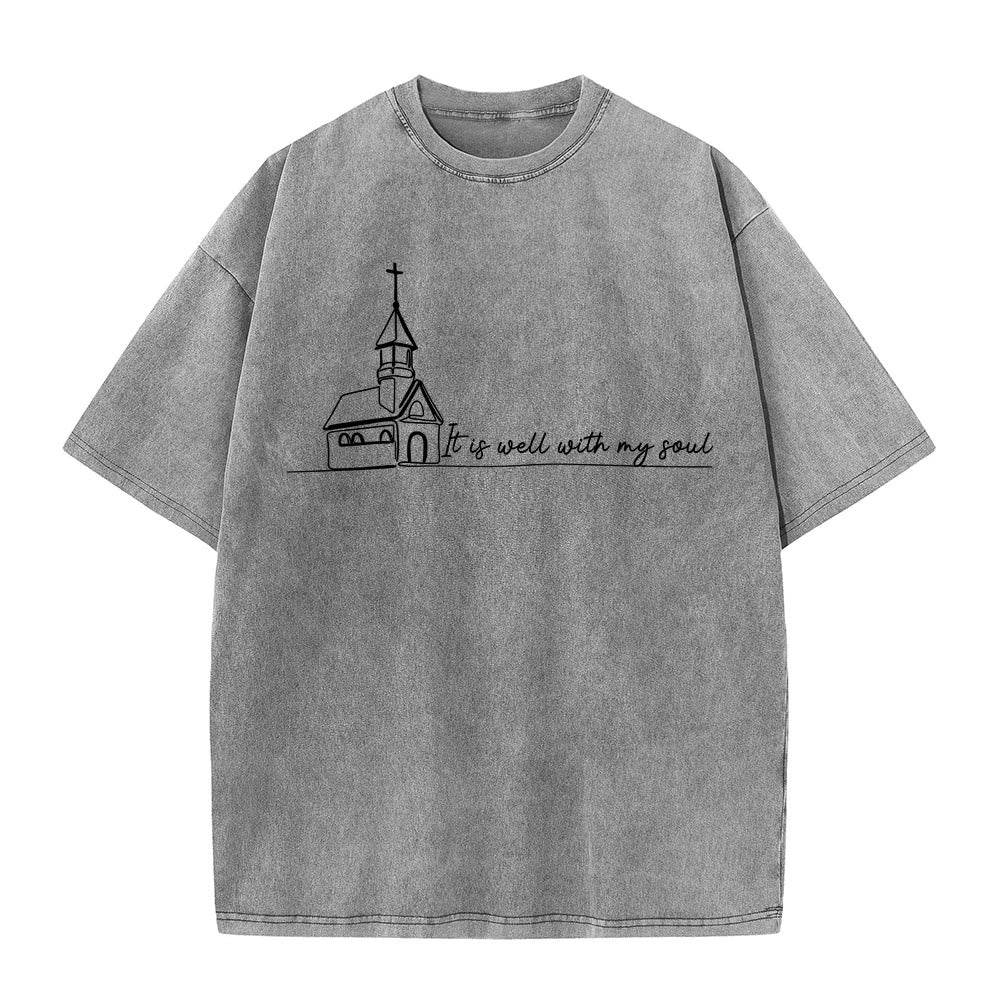 Christianartworkshop T-shirt unisexe délavé avec motif d'église et croquis au trait - Gris - 5XL - image 0