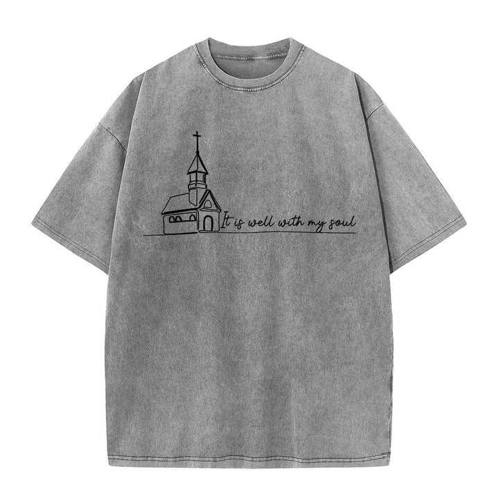 Christianartworkshop T-shirt unisexe délavé avec motif d'église et croquis au trait - Gris - 5XL - image 0