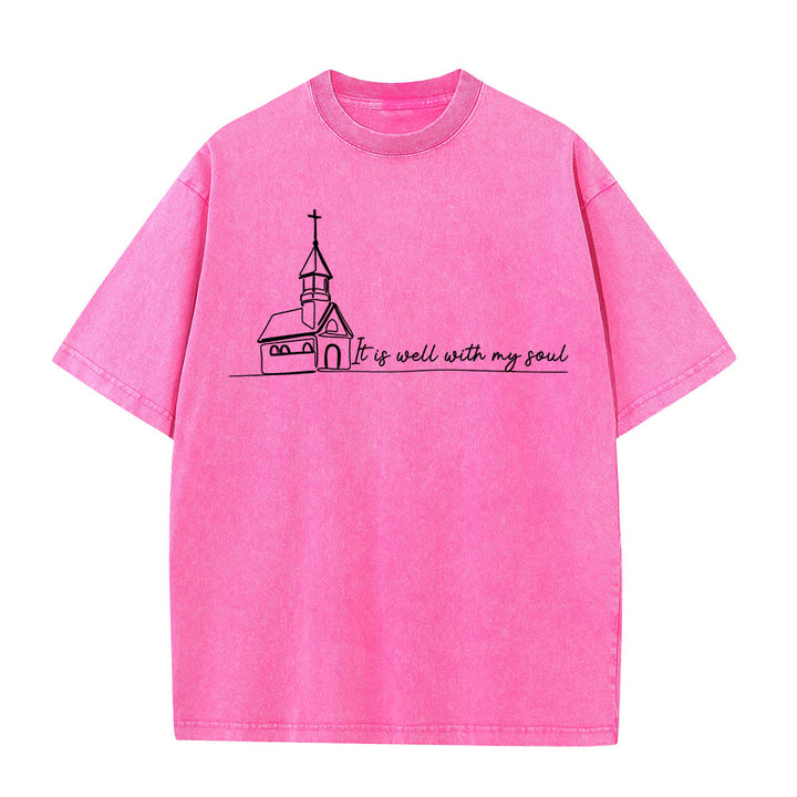 Christianartworkshop T-shirt unisexe délavé avec motif d'église et croquis au trait - Rose - 5XL - image 10
