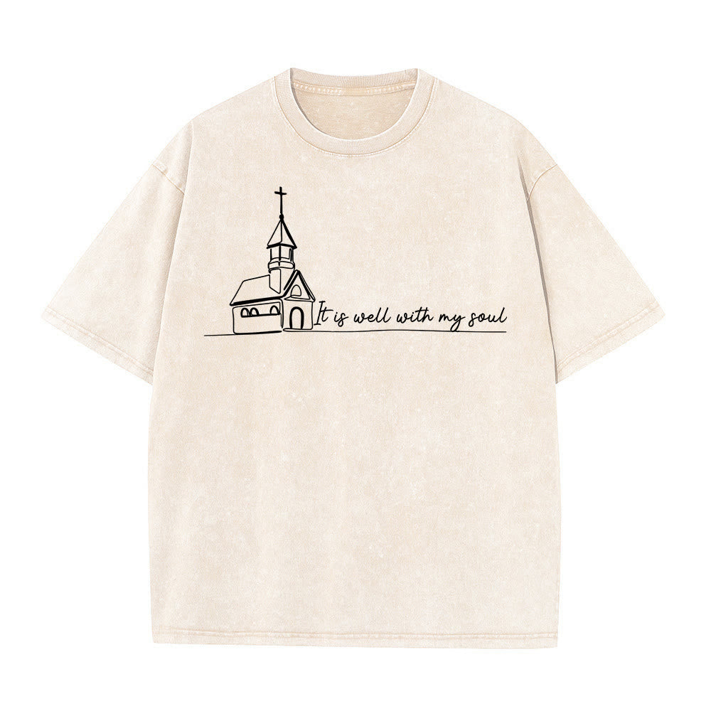 Christianartworkshop T-shirt unisexe délavé avec motif d'église et croquis au trait - Beige - 5XL - image 9