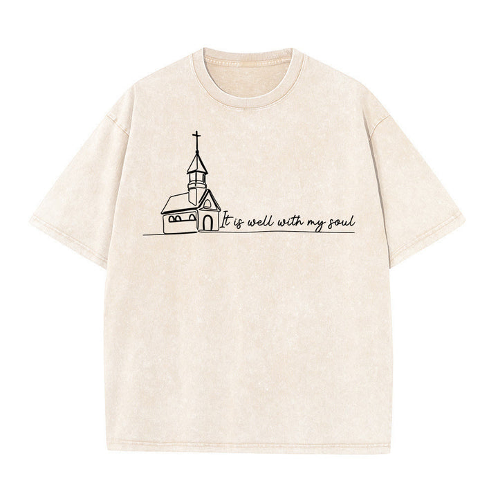 Christianartworkshop T-shirt unisexe délavé avec motif d'église et croquis au trait - Beige - 5XL - image 9