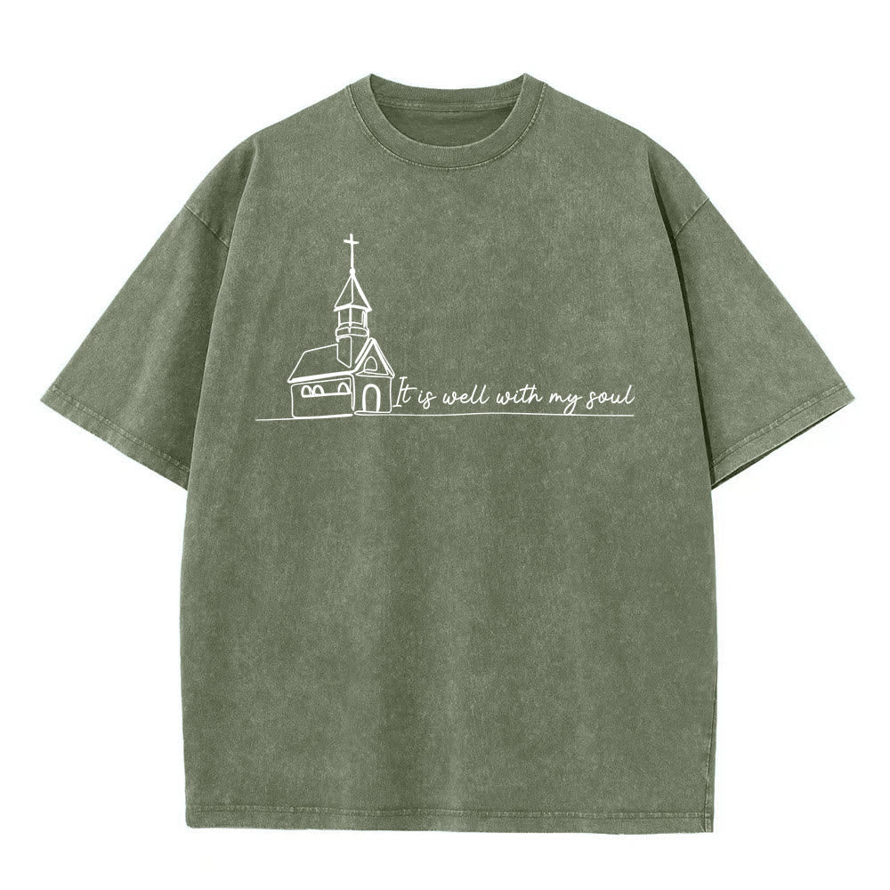 Christianartworkshop T-shirt unisexe délavé avec motif d'église et croquis au trait - Vert armée - 5XL - image 6