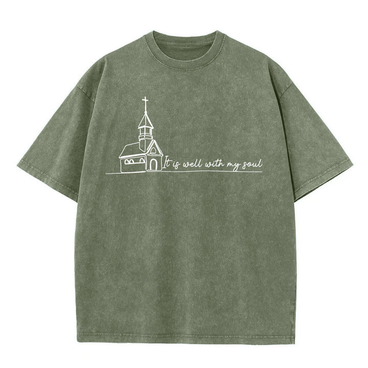Christianartworkshop T-shirt unisexe délavé avec motif d'église et croquis au trait - Vert armée - 5XL - image 6