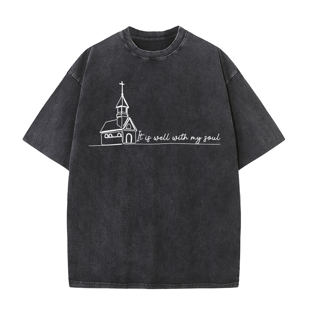 Christianartworkshop T-shirt unisexe délavé avec motif d'église et croquis au trait - Noir - 5XL - image 1