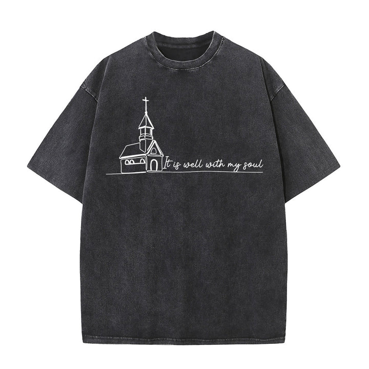 Christianartworkshop T-shirt unisexe délavé avec motif d'église et croquis au trait - Noir - 5XL - image 1
