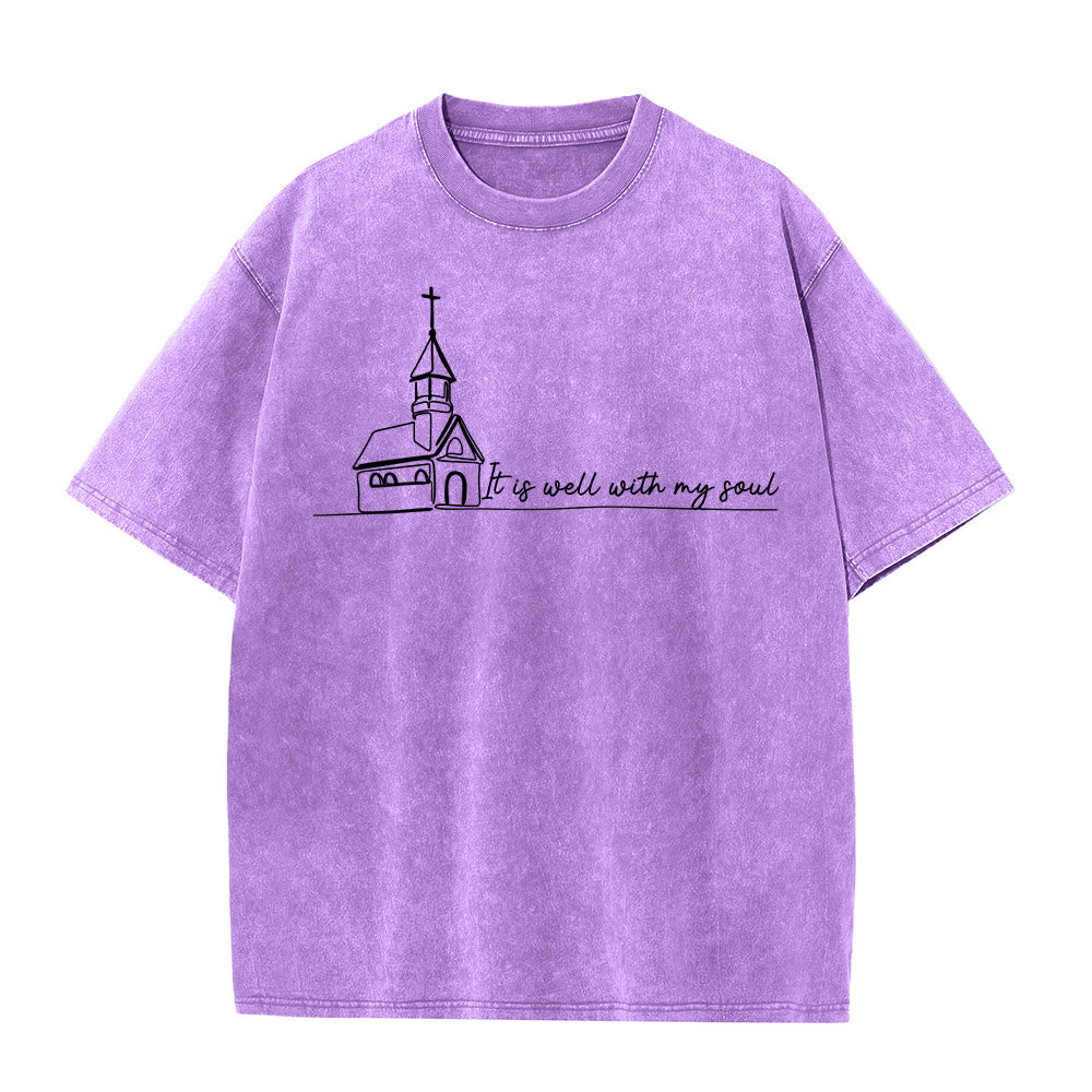 Christianartworkshop T-shirt unisexe délavé avec motif d'église et croquis au trait - Violet - 5XL - image 11