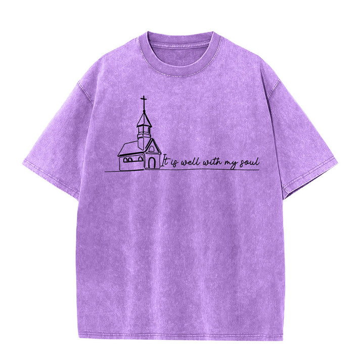 Christianartworkshop T-shirt unisexe délavé avec motif d'église et croquis au trait - Violet - 5XL - image 11