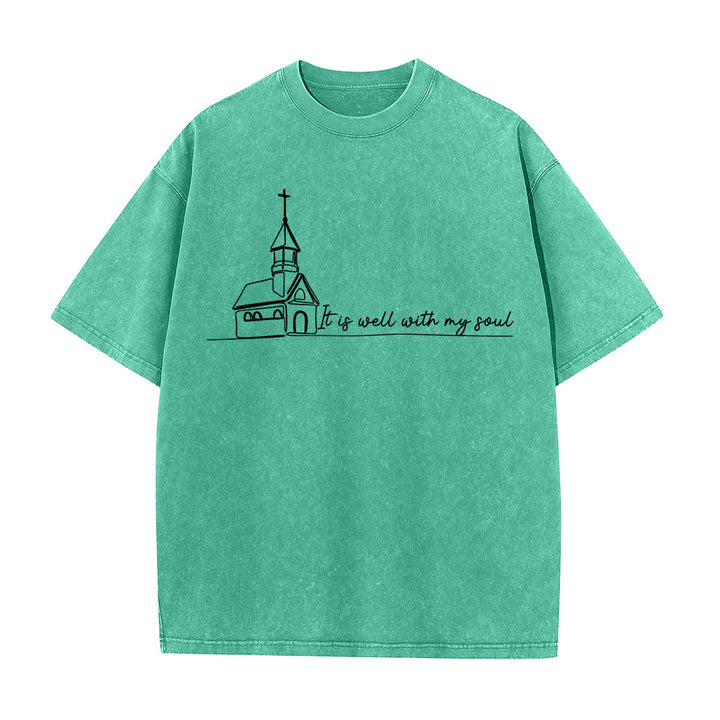 Christianartworkshop T-shirt unisexe délavé avec motif d'église et croquis au trait - Vert - 5XL - image 7