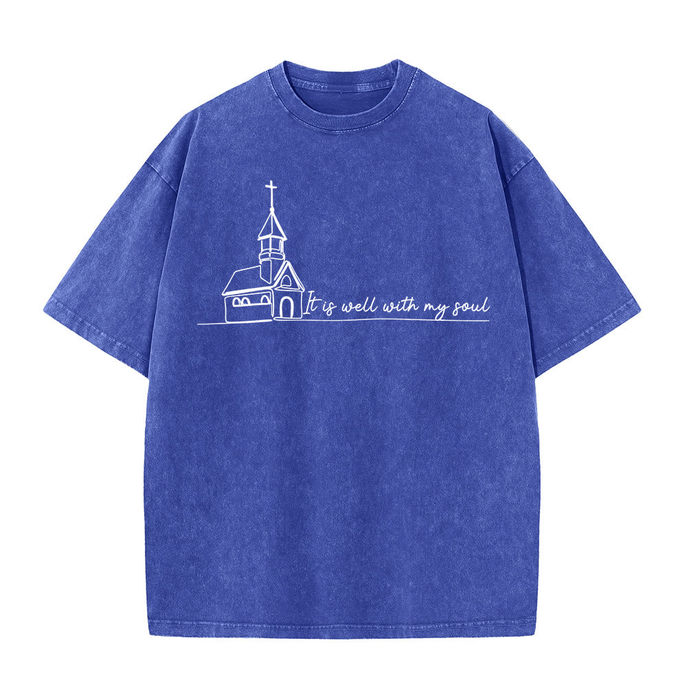 Christianartworkshop T-shirt unisexe délavé avec motif d'église et croquis au trait - Bleu - 5XL - image 12
