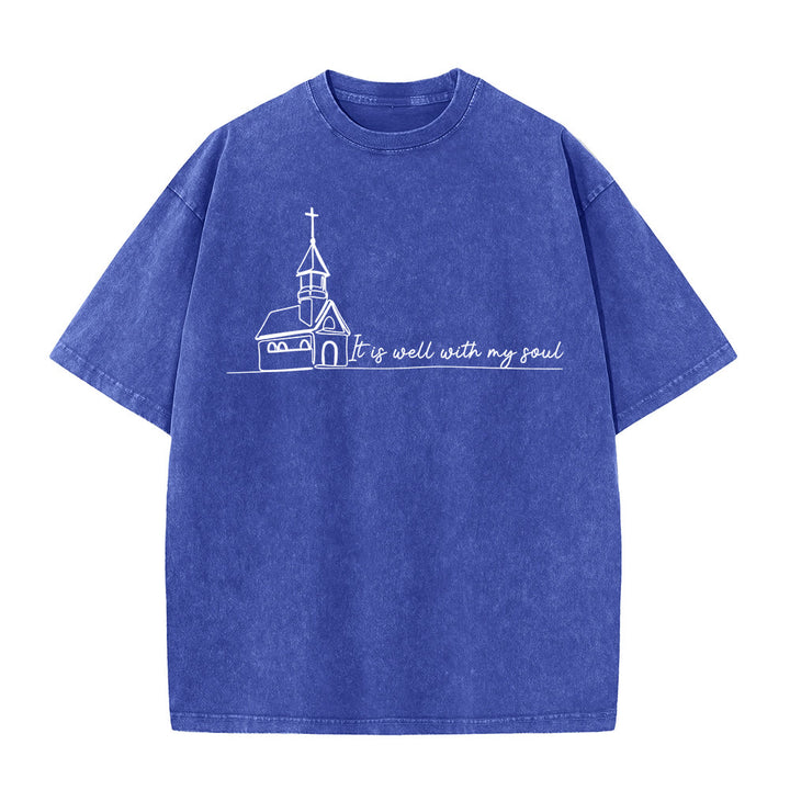 Christianartworkshop T-shirt unisexe délavé avec motif d'église et croquis au trait - Bleu - 5XL - image 12