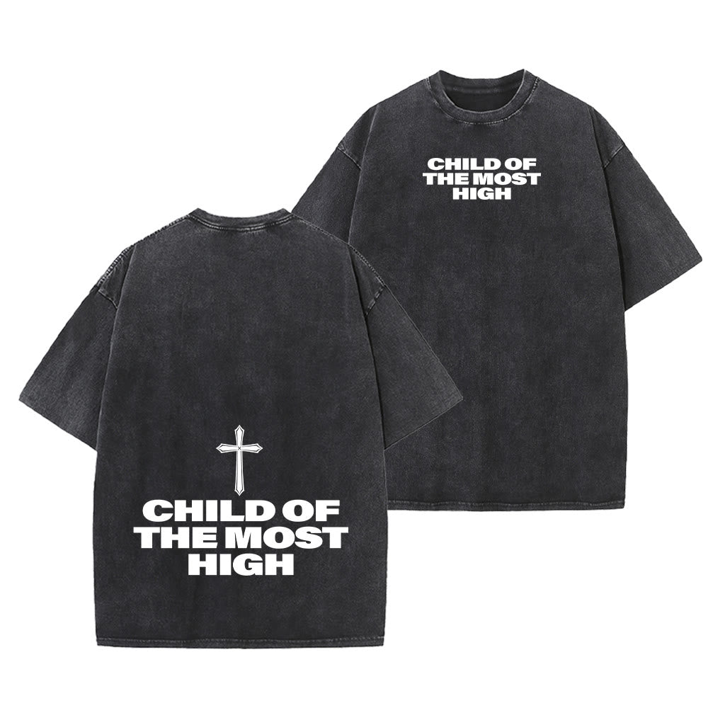 Christianartworkshop T-shirt unisexe délavé avec inscription « Enfant du Très-Haut » et croix en gras - Noir - 5XL - image 9