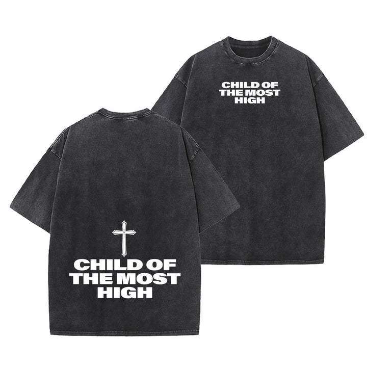 Christianartworkshop T-shirt unisexe délavé avec inscription « Enfant du Très-Haut » et croix en gras - Noir - 5XL - image 9