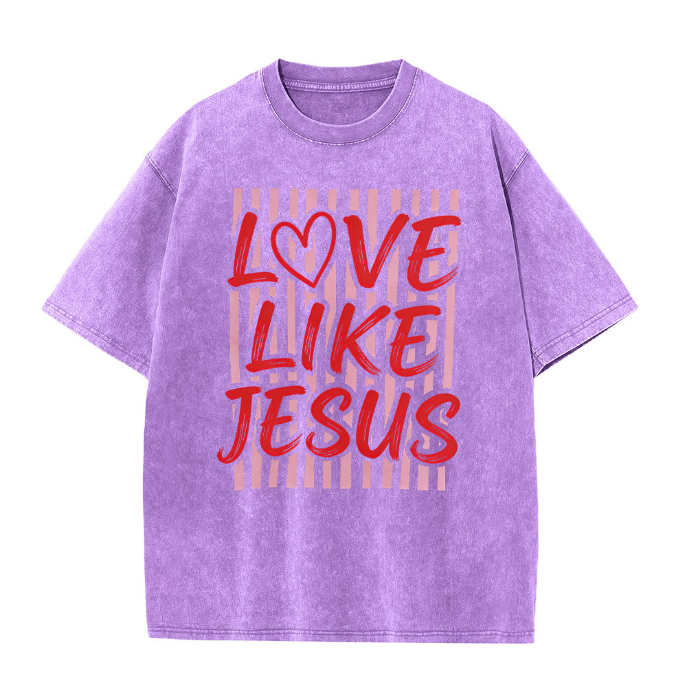 Christianartworkshop T-shirt unisexe délavé avec inscription « Love Like Jesus » en forme de cœur et fond rayé. - Violet - 5XL - image 0