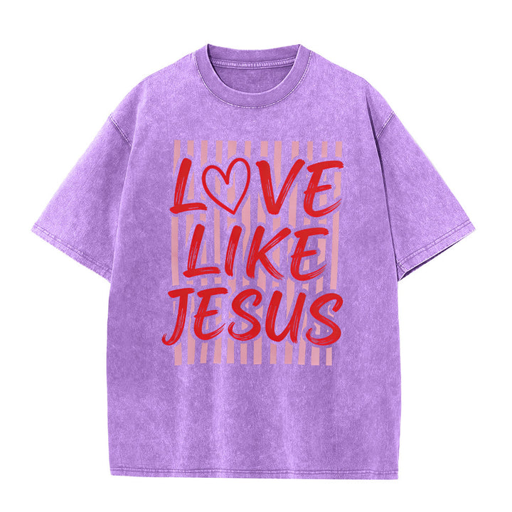 Christianartworkshop T-shirt unisexe délavé avec inscription « Love Like Jesus » en forme de cœur et fond rayé. - Violet - 5XL - image 0