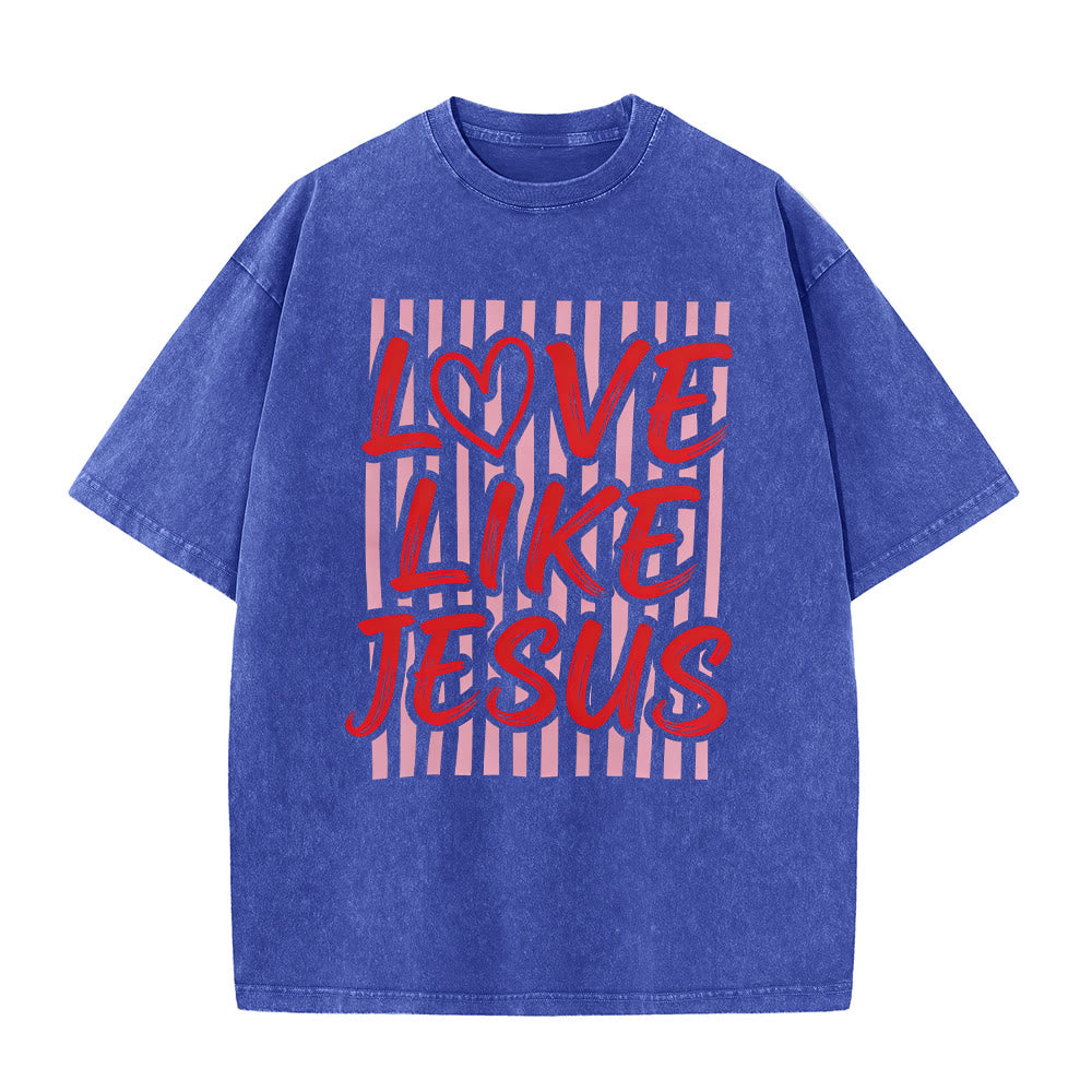 Christianartworkshop T-shirt unisexe délavé avec inscription « Love Like Jesus » en forme de cœur et fond rayé. - Bleu - 5XL - image 1