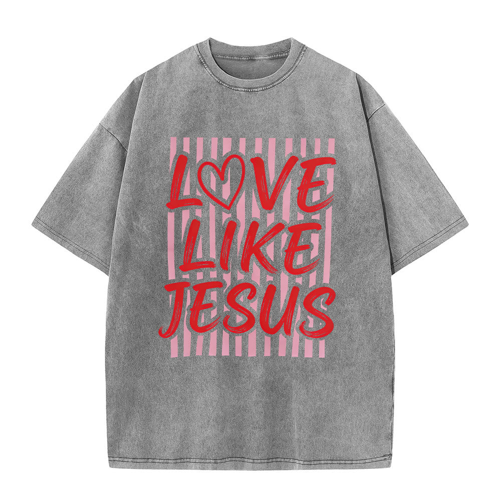 Christianartworkshop T-shirt unisexe délavé avec inscription « Love Like Jesus » en forme de cœur et fond rayé. - Gris - 5XL - image 2