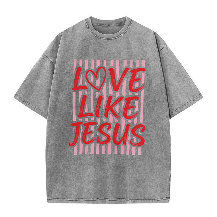 Christianartworkshop T-shirt unisexe délavé avec inscription « Love Like Jesus » en forme de cœur et fond rayé. - Gris - 5XL - image 2