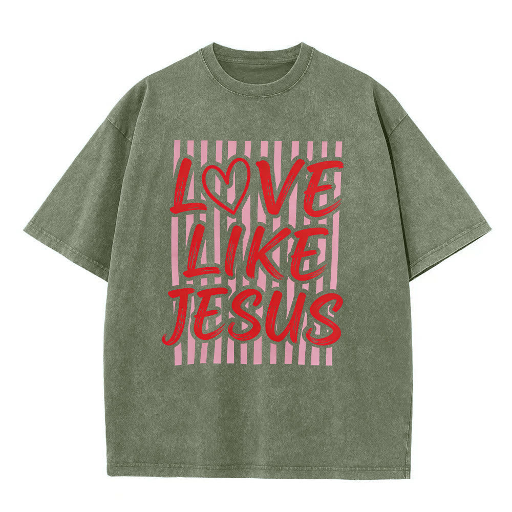 Christianartworkshop T-shirt unisexe délavé avec inscription « Love Like Jesus » en forme de cœur et fond rayé. - Vert armée - 5XL - image 8