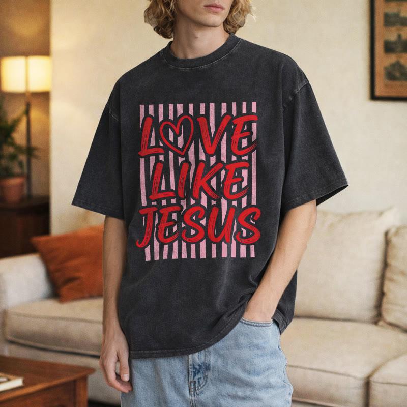 Christianartworkshop T-shirt unisexe délavé avec inscription « Love Like Jesus » en forme de cœur et fond rayé. - image 6