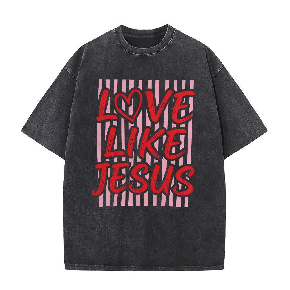 Christianartworkshop T-shirt unisexe délavé avec inscription « Love Like Jesus » en forme de cœur et fond rayé. - Noir - 5XL - image 3