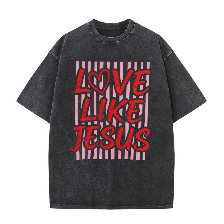 Christianartworkshop T-shirt unisexe délavé avec inscription « Love Like Jesus » en forme de cœur et fond rayé. - Noir - 5XL - image 3