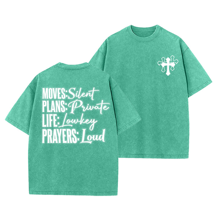 Christianartworkshop T-shirt unisexe délavé « Mouvements silencieux, prières bruyantes, croix stylisée, lettrage mixte » - Vert - 5XL - image 25