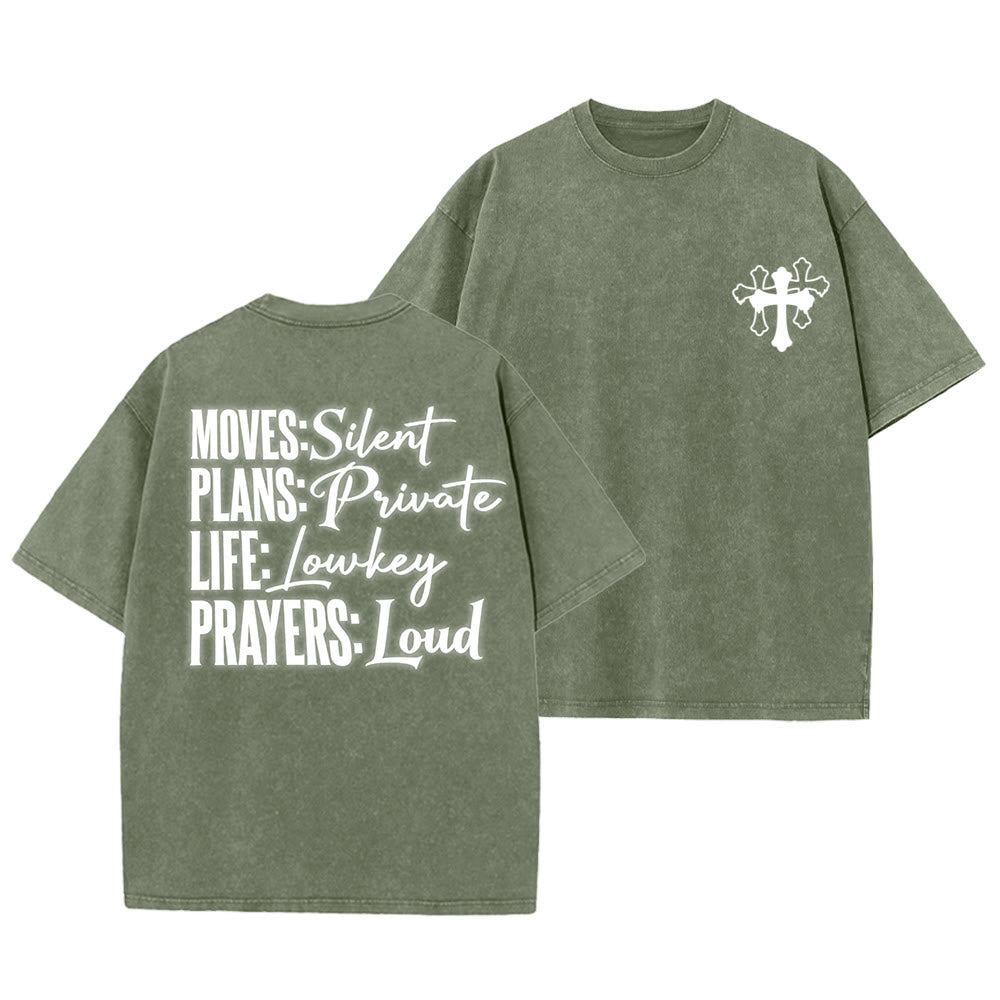 Christianartworkshop T-shirt unisexe délavé « Mouvements silencieux, prières bruyantes, croix stylisée, lettrage mixte » - Vert armée - 5XL - image 22
