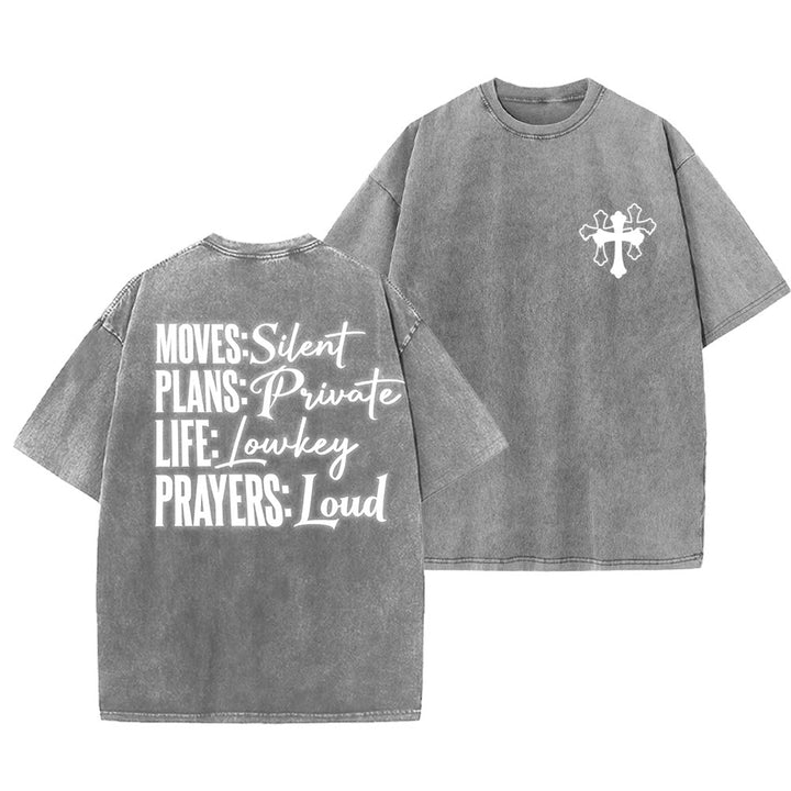 Christianartworkshop T-shirt unisexe délavé « Mouvements silencieux, prières bruyantes, croix stylisée, lettrage mixte » - Gris - 5XL - image 12