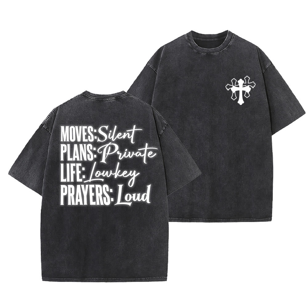 Christianartworkshop T-shirt unisexe délavé « Mouvements silencieux, prières bruyantes, croix stylisée, lettrage mixte » - Noir - 5XL - image 15