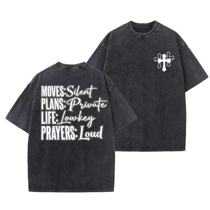 Christianartworkshop T-shirt unisexe délavé « Mouvements silencieux, prières bruyantes, croix stylisée, lettrage mixte » - Noir - 5XL - image 15