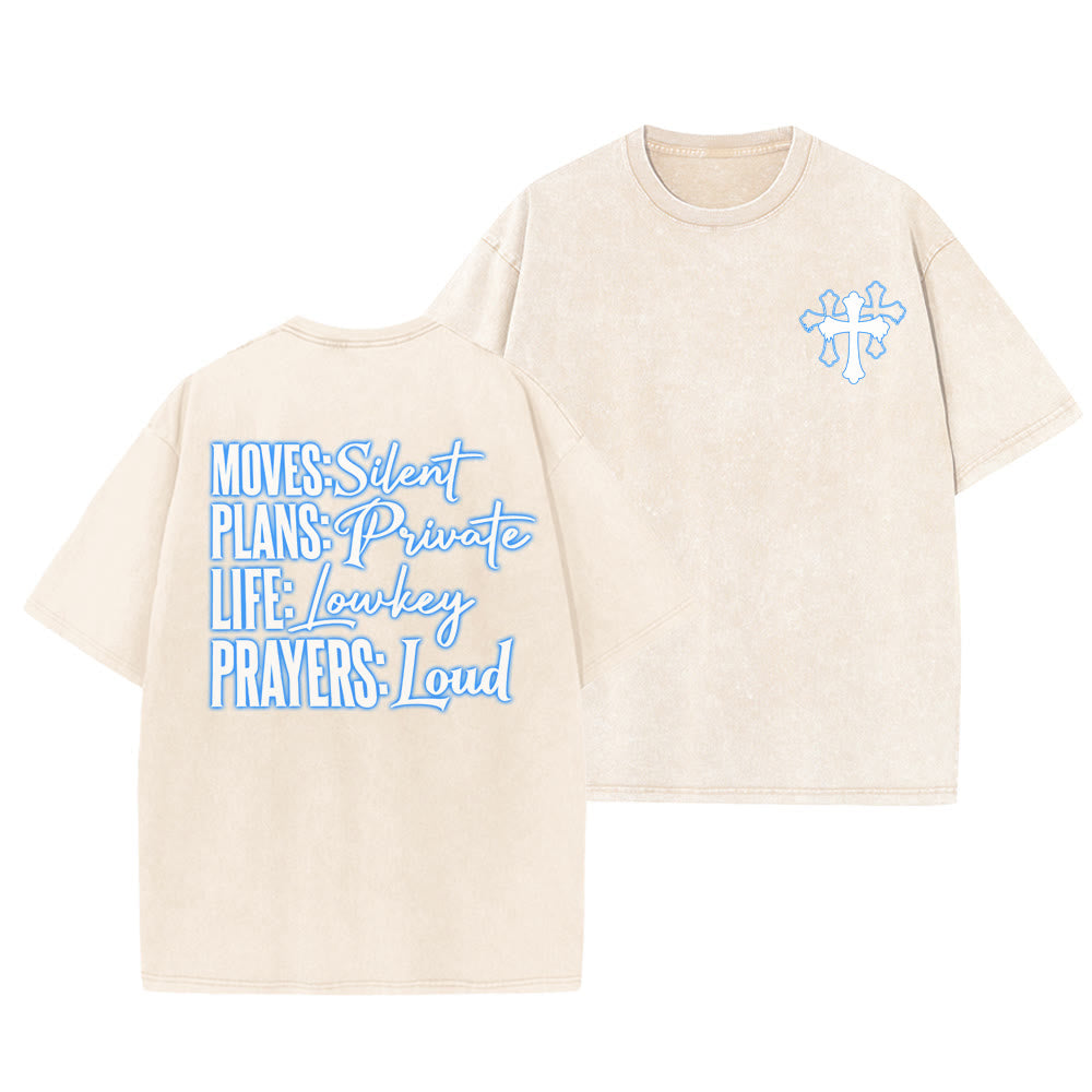 Christianartworkshop T-shirt unisexe délavé « Mouvements silencieux, prières bruyantes, croix stylisée, lettrage mixte » - Beige - 5XL - image 0
