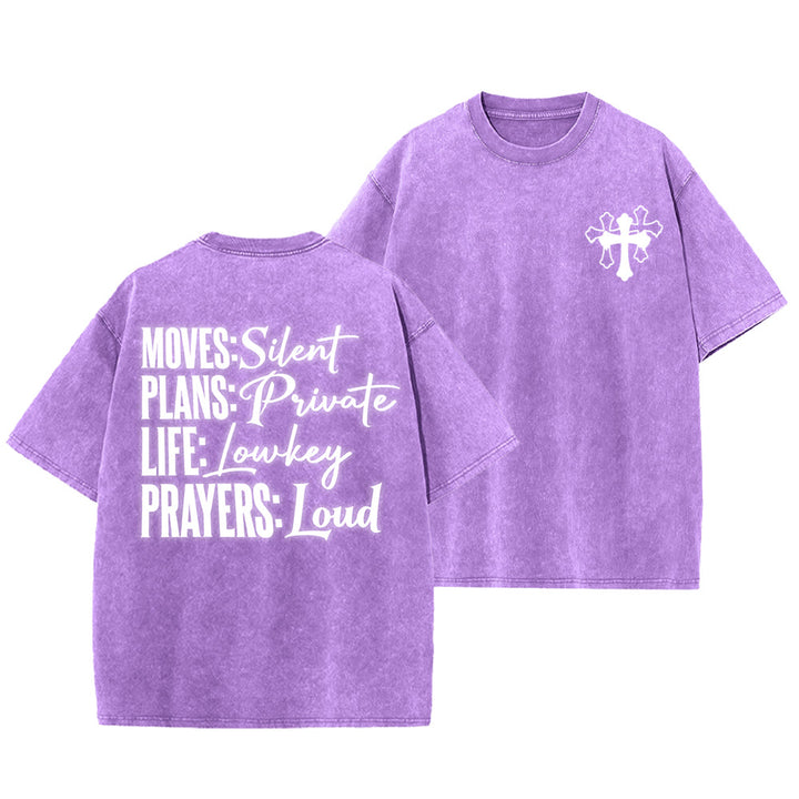 Christianartworkshop T-shirt unisexe délavé « Mouvements silencieux, prières bruyantes, croix stylisée, lettrage mixte » - Violet - 5XL - image 6