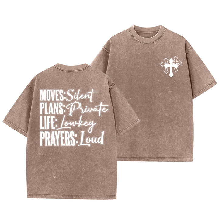 Christianartworkshop T-shirt unisexe délavé « Mouvements silencieux, prières bruyantes, croix stylisée, lettrage mixte » - Brun - 5XL - image 28