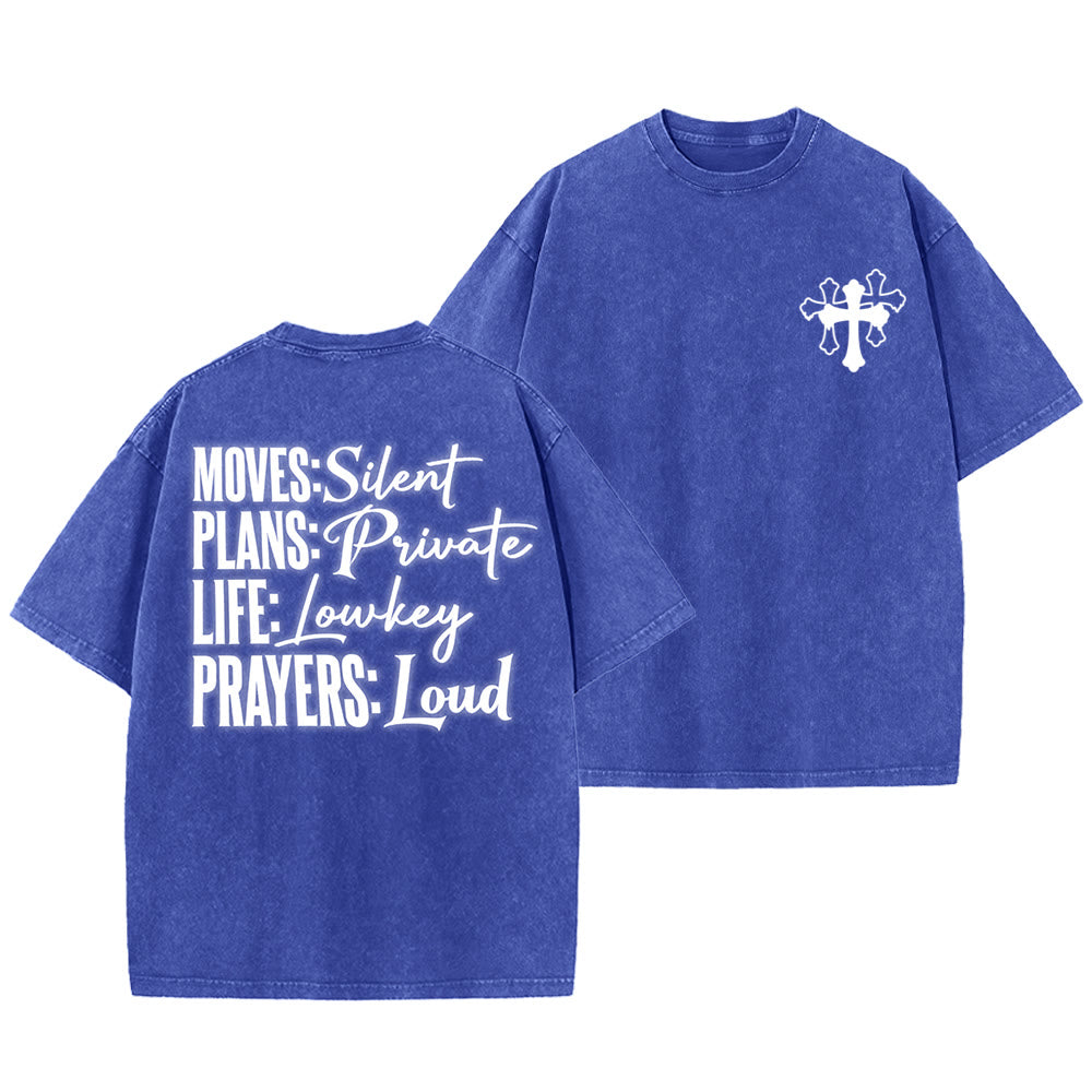 Christianartworkshop T-shirt unisexe délavé « Mouvements silencieux, prières bruyantes, croix stylisée, lettrage mixte » - Bleu - 5XL - image 9
