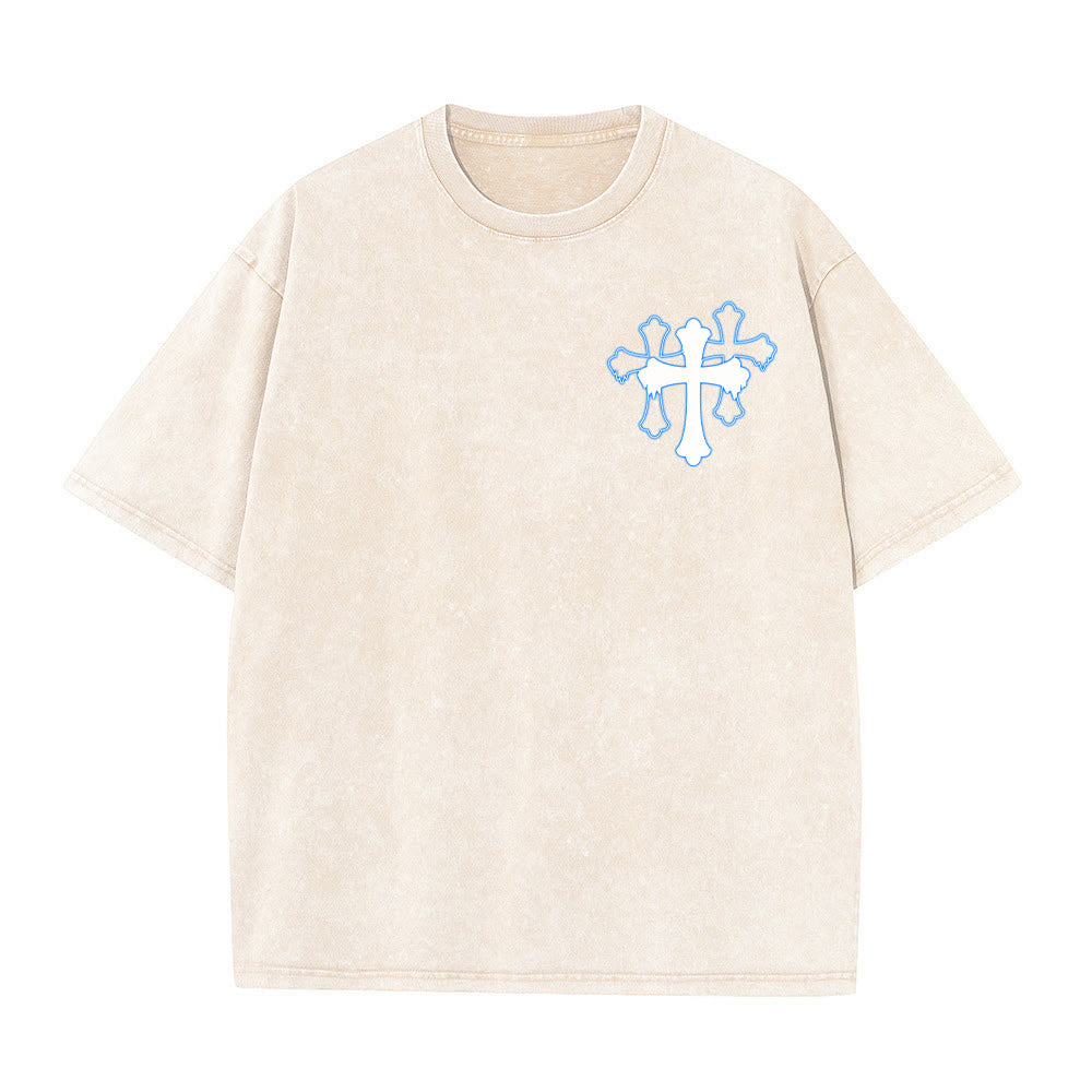 Christianartworkshop T-shirt unisexe délavé « Mouvements silencieux, prières bruyantes, croix stylisée, lettrage mixte » - image 1