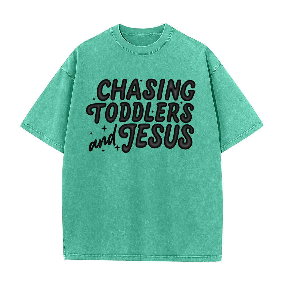 Christianartworkshop T-shirt unisexe délavé avec accent étoile et lettres bulles « Chasing Toddlers and Jesus » - Vert - 5XL - image 12