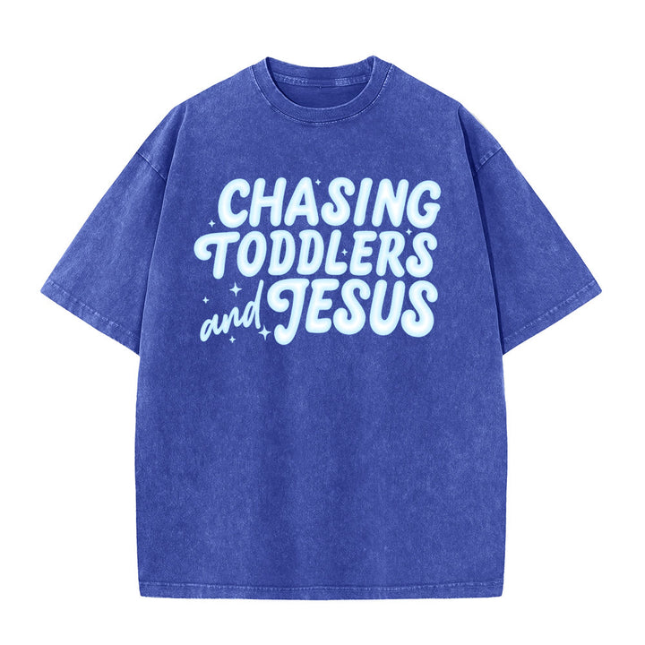 Christianartworkshop T-shirt unisexe délavé avec accent étoile et lettres bulles « Chasing Toddlers and Jesus » - Bleu - 5XL - image 4