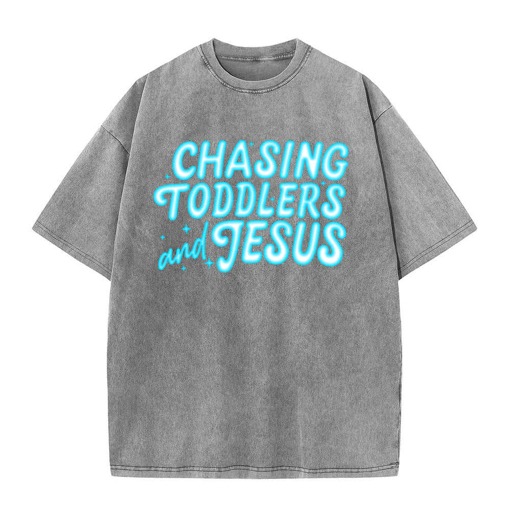 Christianartworkshop T-shirt unisexe délavé avec accent étoile et lettres bulles « Chasing Toddlers and Jesus » - Gris - 5XL - image 5