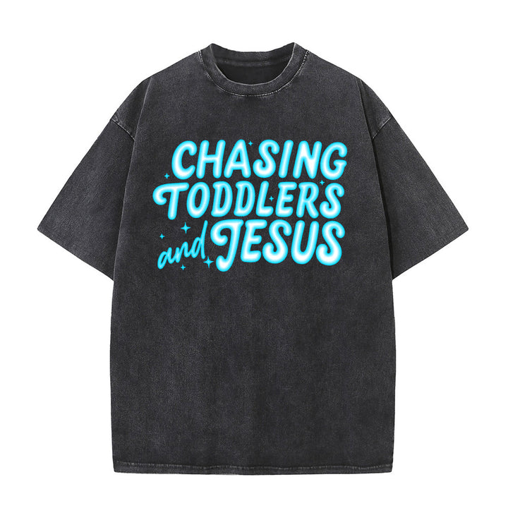 Christianartworkshop T-shirt unisexe délavé avec accent étoile et lettres bulles « Chasing Toddlers and Jesus » - Noir - 5XL - image 6