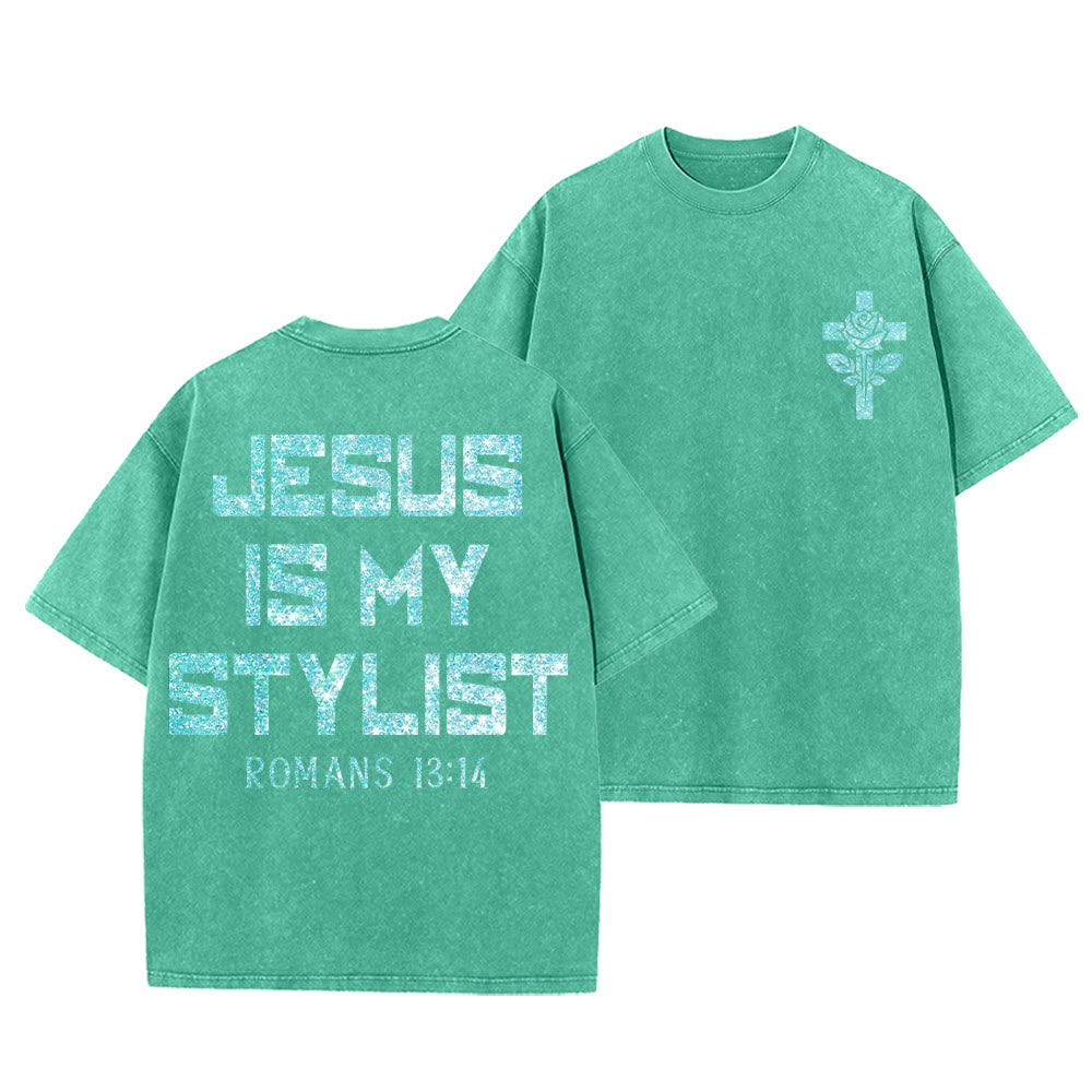 Christianartworkshop T-shirt unisexe délavé « Jésus est mon styliste » Romains 13:14, lettres pailletées, rose et croix - Vert - 5XL - image 0