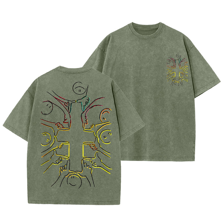 Christianartworkshop T-shirt unisexe délavé avec dessin au trait de la figure humaine Unity Cross - Vert armée - 5XL - image 0