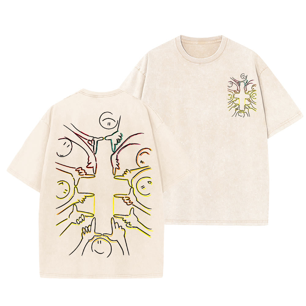Christianartworkshop T-shirt unisexe délavé avec dessin au trait de la figure humaine Unity Cross - Beige - 5XL - image 9