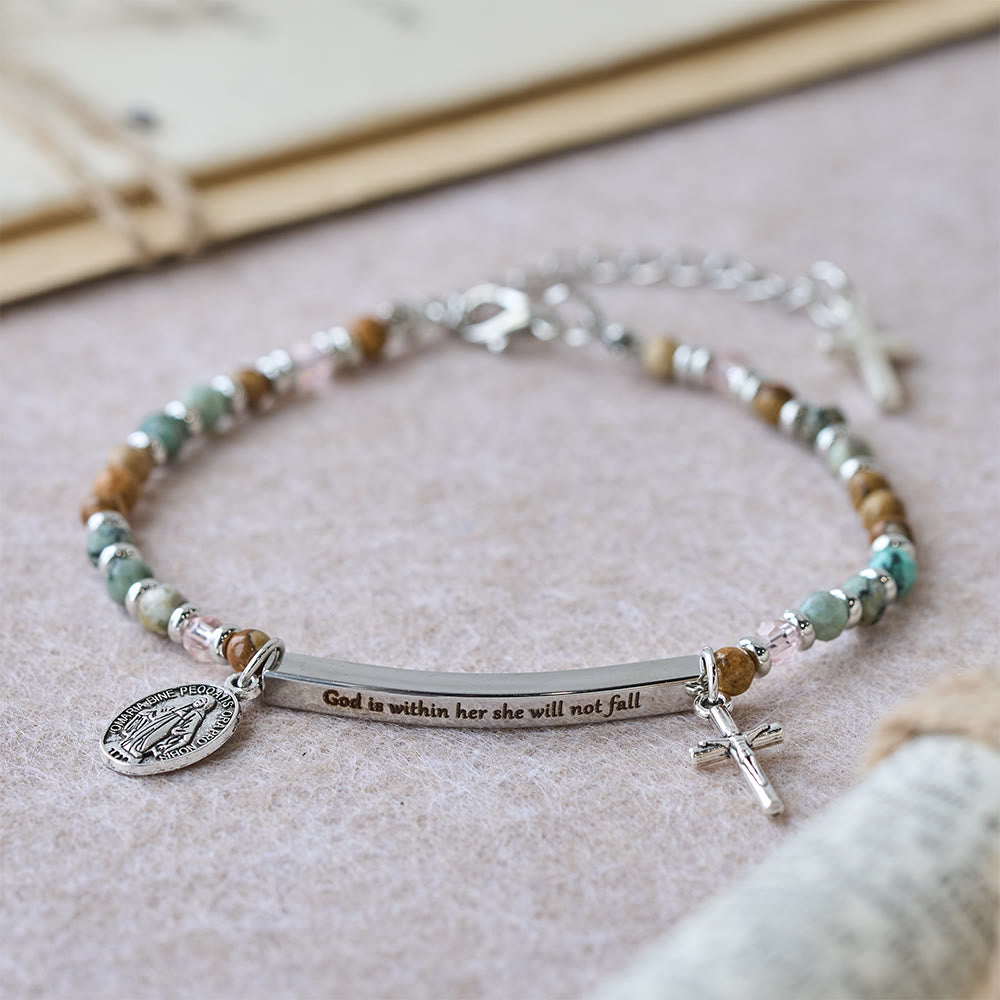Christianartworkshop Bracelet en turquoise naturelle africaine avec le verset Psaume 46:5 : Barre gravée et perles de pierre - Dieu est en elle, elle ne tombera pas (Silver) - image 3