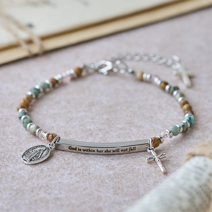 Christianartworkshop Bracelet en turquoise naturelle africaine avec le verset Psaume 46:5 : Barre gravée et perles de pierre - Dieu est en elle, elle ne tombera pas (Silver) - image 3