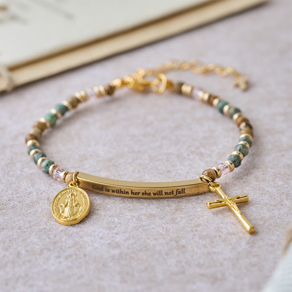 Christianartworkshop Bracelet en turquoise naturelle africaine avec le verset Psaume 46:5 : Barre gravée et perles de pierre - Dieu est en elle, elle ne tombera pas (Golden) - image 0