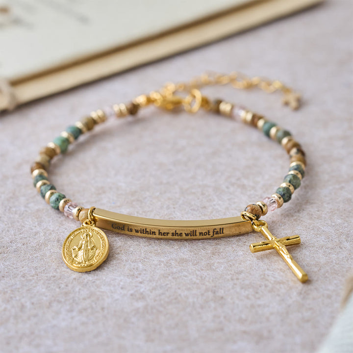 Christianartworkshop Bracelet en turquoise naturelle africaine avec le verset Psaume 46:5 : Barre gravée et perles de pierre - Dieu est en elle, elle ne tombera pas (Golden) - image 0
