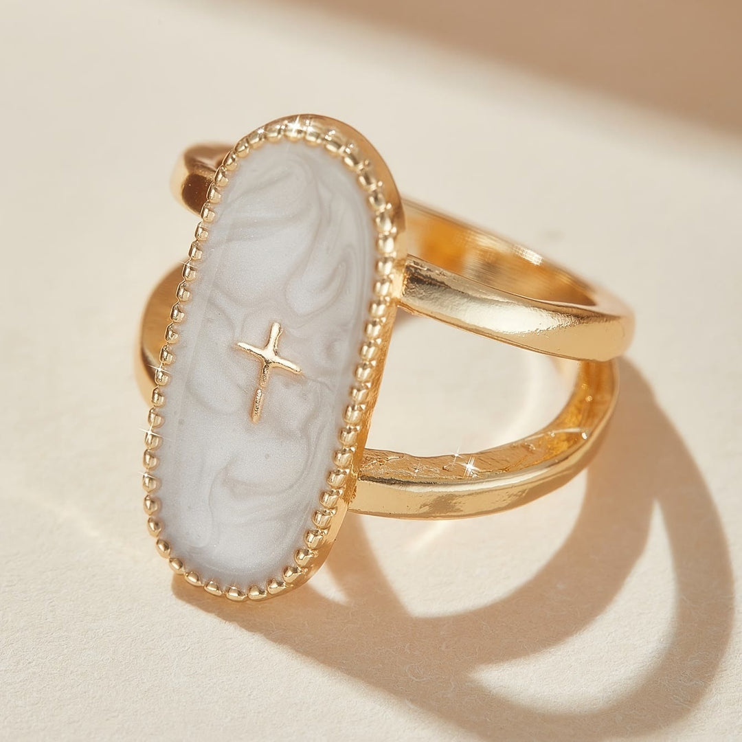 Christianartworkshop Bague double anneau à accent de croix et finition émaillée : un symbole de foi et d’élégance discrètes. - Blanc (Convient aux pointures américaines 7 à 10) - image 0