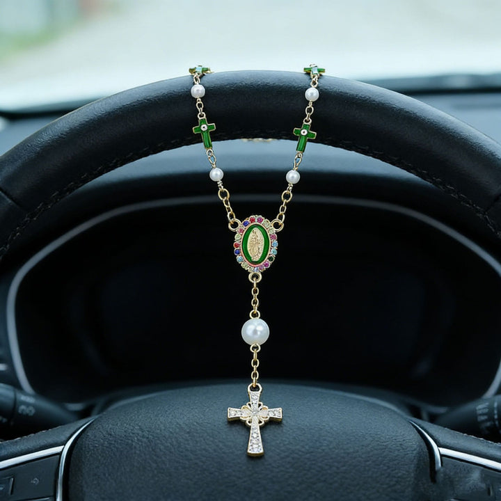 Christianartworkshop Pendentif de voiture en forme de croix avec perle et icône de la Vierge Marie : symbole de sécurité et de foi pour les voyages. - Vert - image 7