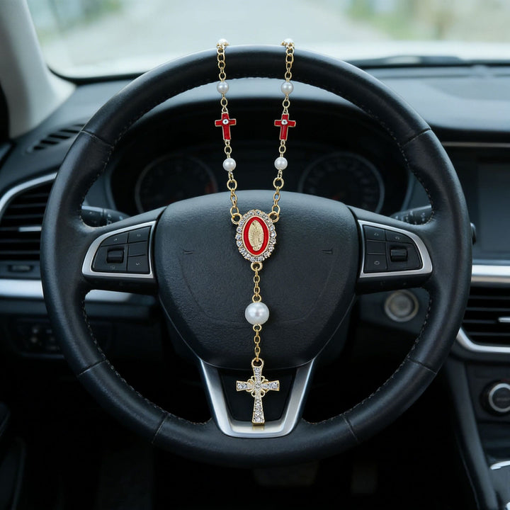 Christianartworkshop Pendentif de voiture en forme de croix avec perle et icône de la Vierge Marie : symbole de sécurité et de foi pour les voyages. - Rouge - image 4
