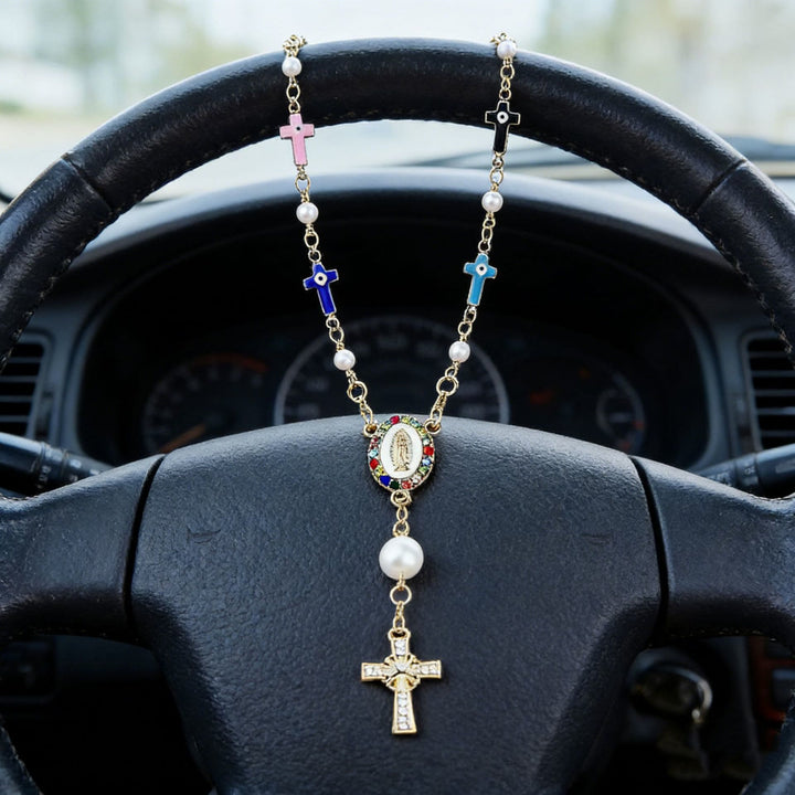 Christianartworkshop Pendentif de voiture en forme de croix avec perle et icône de la Vierge Marie : symbole de sécurité et de foi pour les voyages. - Multicolore - image 6